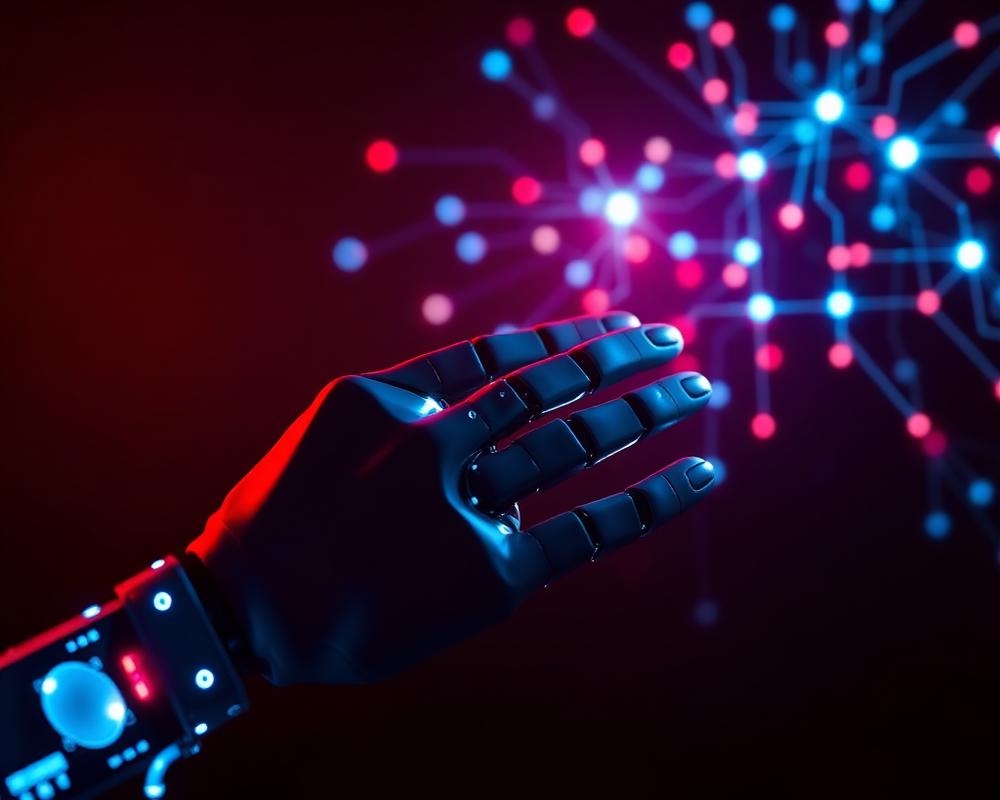 Robotic hand touching a glowing automation network