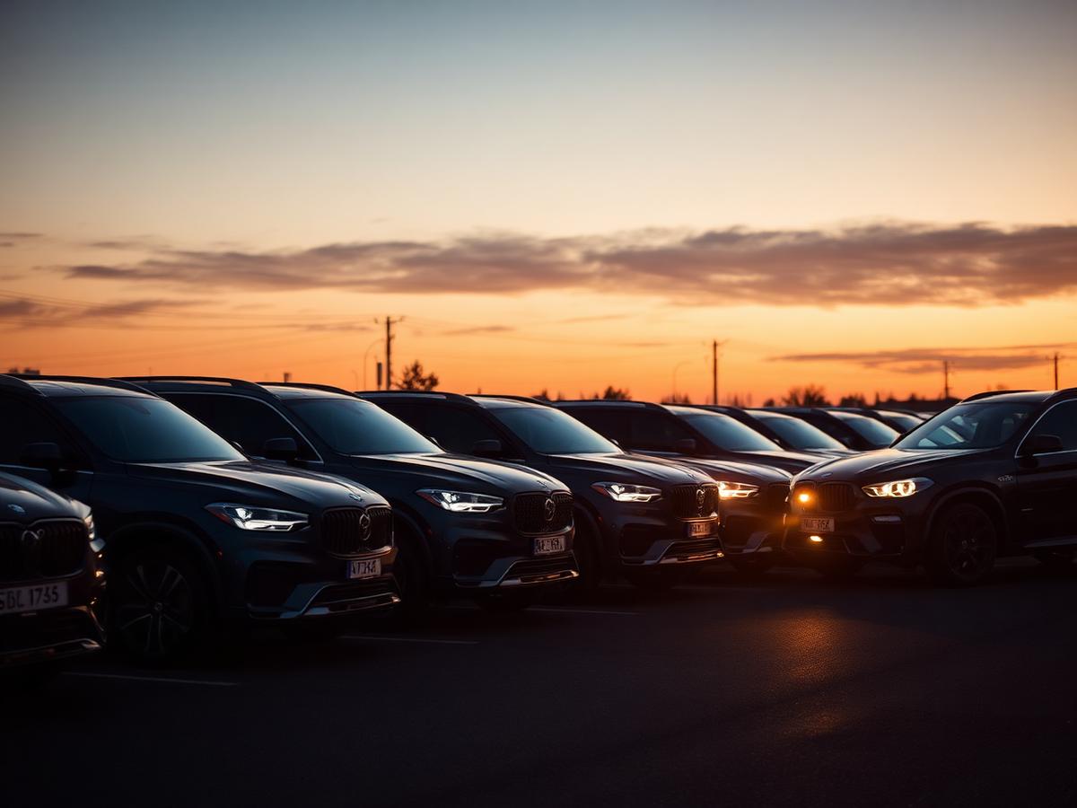 Fleet of vehicles parked at dusk